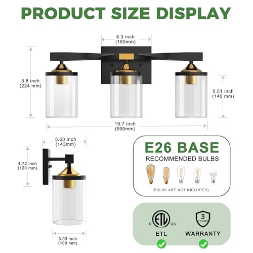 Image of DORESshop Bathroom Light Fixtures, 3-Light Black and Gold Bathroom Lights Over Mirror, Vanity Lights for Hallway Bedroom Living Room