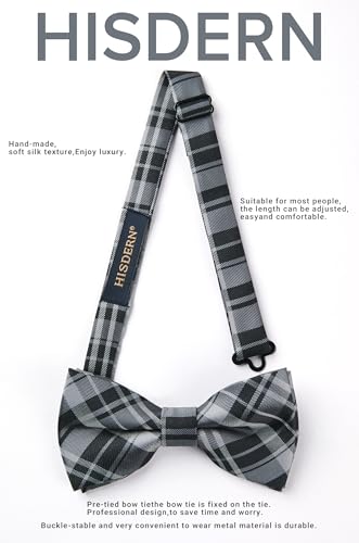 Image of HISDERN Mens Plaid Bow Tie Set Pocket Square and Cufflinks Bowtie | Pretied Bowties Design for Easy Wear,Check Pattern,Matching Handkerchief Cuff Link,3PCS Set Wedding Formal Party Groom Prom