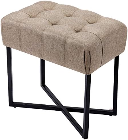 BIRDROCK HOME Rectangular Tufted Beige Foot Stool Ottoman with Black Legs - Linen Vanity Chair - Soft Compact Padded Seat - Bedroom and Kids Room Chair - Metal - Makeup Seat