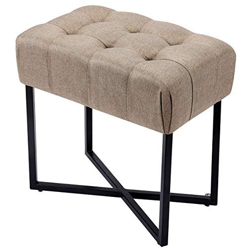 Birdrock Home Rectangular Tufted Beige Foot Stool Ottoman With Black Legs - Linen Vanity Chair - Soft Compact Padded Seat - Bedroom And Kids Room Chair - Metal - Makeup Seat #TOP15