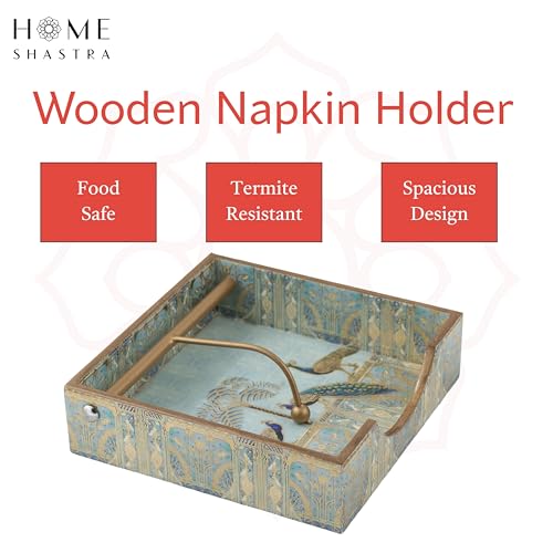 Image of Wooden Napkin Holder with Gold Engraving | Pack of 1 | Size : 7.5 x 7.5 inch | Enamel Coated Waterproof | Tissue Holder for Dining Table | (Blue Peacock Napkin Holder)