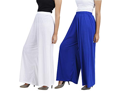 Image of Buy That Trendz M to 4XL Cotton Viscose Loose Fit Flared Wide Leg Palazzo Pants for Women White Royal Blue Combo Pack of 2