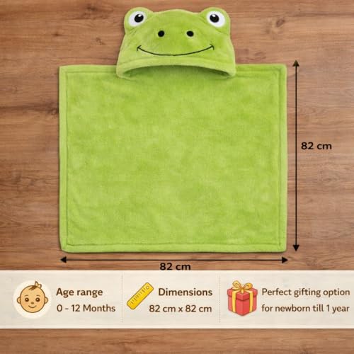 Image of First Kick New Born Baby Blanket Pack of Super Soft Bathrobe Wrapper Bath Towel for Boys, Girls, Babies (Green Frog, Length 82 cm x Width 82 cm, 0-12 Months)