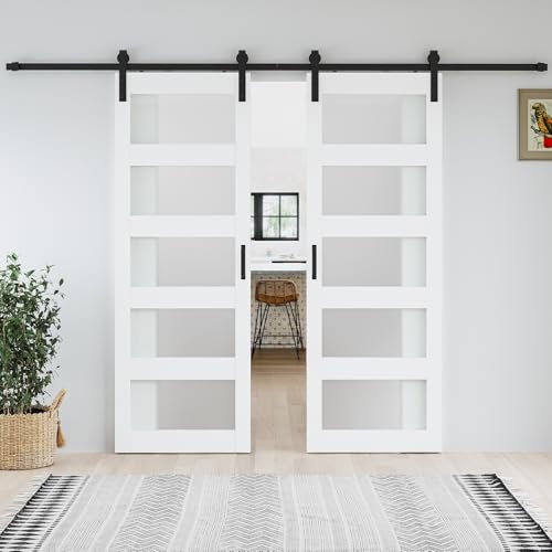 64 x 84 in Glass Paneled Double Sliding Barn Door with Installation Hardware Kits