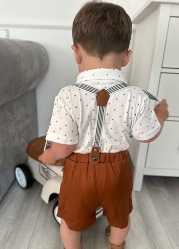 Image of Volunboy Baby Boy Formal Short Set Toddler Summer Gentleman Outfit Kid Short Sleeve Bowtie Shirt Suspender Shorts Suit