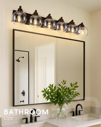 Image of 6-Light Bathroom Vanity Light, Oil Rubbed Bronze, Clear Globe Glass | 38.5 inch ORB vanity light for 48-60 inches mirrors, clear globe glass shades, E26 base, hardwired, up /down mount, VL195-ORB-6