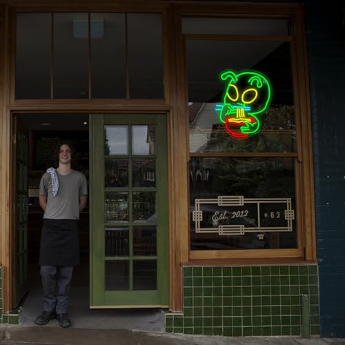 Image of Cute Ramen Alien Neon Sign Colorful Led Lights Green Neon Signs for Wall Decor USB Light Up Sign Neon Signs for Restaurant Dinning Room Japanese Noodle Shop
