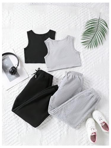 OYOANGLE Conjunto de moletom feminino de 4 peças com gola redonda, sem mangas e gravata frontal, Mul