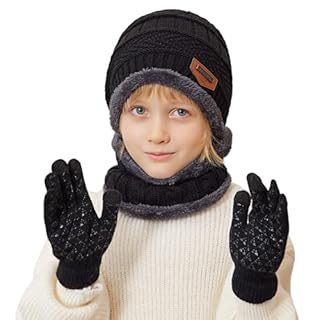 Packs Bonnet Écharpe et Gants Garçon Fille Enfant Bonnet Tricoté Doublé en Polaire Tour de Cou Gants d'hiver à Écran Tactile 5-10 Ans(Noir)