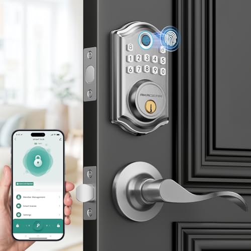 Image of AkaGear DS10 Pro Keyless Entry Door Lock with Lever Handle Set, Bluetooth APP Control, Fingerprint Door Locks, Electronic Keypad Deadbolt Lock, Smart Doors Lock, Auto-Lock, Satin Nickel