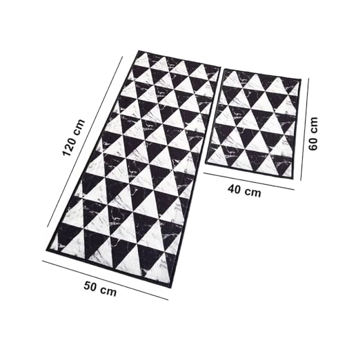 Image of Matz&More Anti Slip Runner & Floor Mat Combo Set 50x120cm Runner + 40x60cm Door Mat Geometric Triangle Pattern Nylon Low Pile Carpet Non-Skid Rubber Backing Indoor Bedroom & Entrance Black White