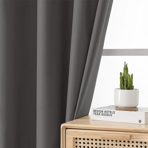 Image of Joydeco Dark Grey Blackout Curtains 63 Inch Length for Bedroom, Grommet Thermal Insulated Curtains 63 Inch Length for Livingroom, Solid Polyester Room Darkening Drapes 63 Inches Long