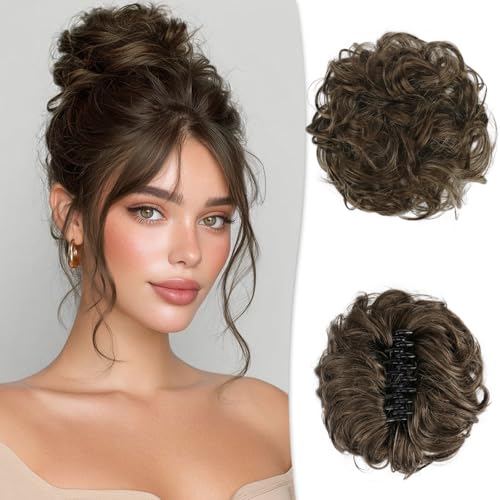 RUWISS Grande Chignon Finto per Capelli, Chignon Capelli Veri Ondulato Scrunchies per Capelli Ricciuto Elastico Updo Posticci per Donna, Marrone Scuro e Marrone Chiaro