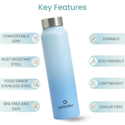 Image of Speedex Stainless Steel Water Bottle 1 Ltr, Leak Proof Screw Cap, BIS Approved 1000 ml Metal Bottle For Daily, Office, School, Gym, Travel Use for Men, Women, Kids, Adults, Dual Blue, Set of 4