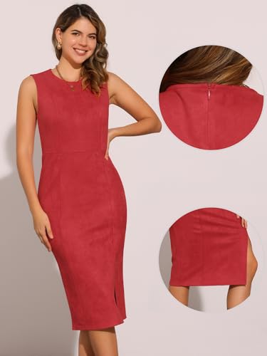 Image of Allegra K Faux Suede Dresses for Women's Sleeveless Crewneck Split Hem Work Office Sheath Dress