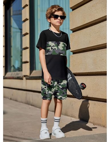 Image of Arshiner Boys' 2-Piece Cotton Outfit Color Block T-Shirt and Shorts Set Summer Camo Clothes for Kids 5-14 Years