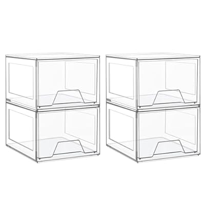 4 Pack Stackable Makeup Organizer,4.4'' Tall Acrylic Bathroom Organizer and Storage Drawers, Clear Plastic Drawer Storage Bins For Vanity, Undersink, Cabinets, Pantry