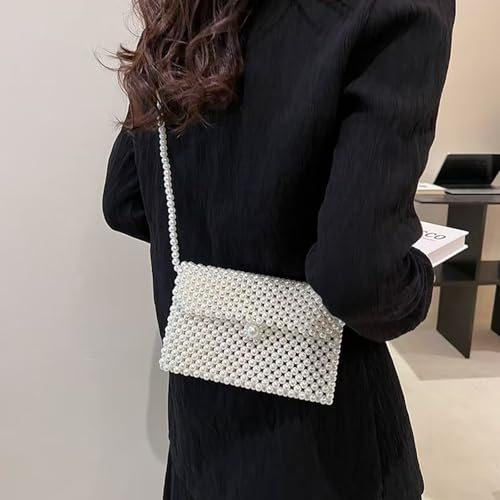 Image of SHESRA Luxury Pearl Bag Chain Bag Purse Bags, Artificial Pearl Clutch Crossbody Handmade Bags Evening Bags for Party Wedding Bridal Party Travel Prom(White)