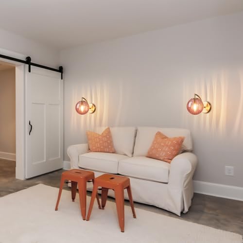 Image of Modern Red Glass Wall Sconces Indoor Nordic Striped Mini Wall Lamp Gold Finish Wall Light for Living Room Bedroom Bedside Hallway (1Pack)