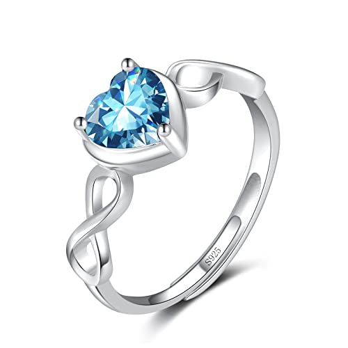 Qings Anillo Infinito Ajustable con Aguamarina Piedra de Nacimiento 925 Plata de Ley Marzo Anillo Abierto Corazón de Compromiso con Circonita Boda Cumpleaños Navidad Joyería Regalos para Mujeres