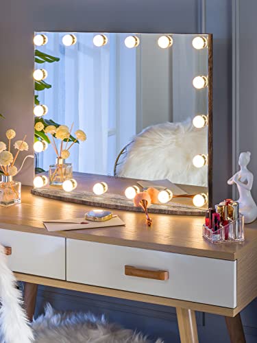 Luxfurni Vanity Mirror With Makeup Lights, Large Hollywood Light Up Mirrors W/ 18 Led Bulbs Tabletop & Wall Mounted (26Wx21L, Rustic Brown) #TOP1