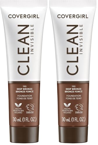 Image of COVERGIRL Clean Invisible Foundation Makeup, Dewy & Glowy Natural Finish, Buildable Coverage, Skin-Like Smooth Look, Vegan, Deep Bronze, 1oz (Pack of 2)