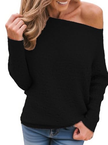 Dressmine Womens Fluffy Off Shoulder Sweatshirts Long Sleeve Tops Knit Batwing Pullover Boat Neck Fall Sweater Clothes2