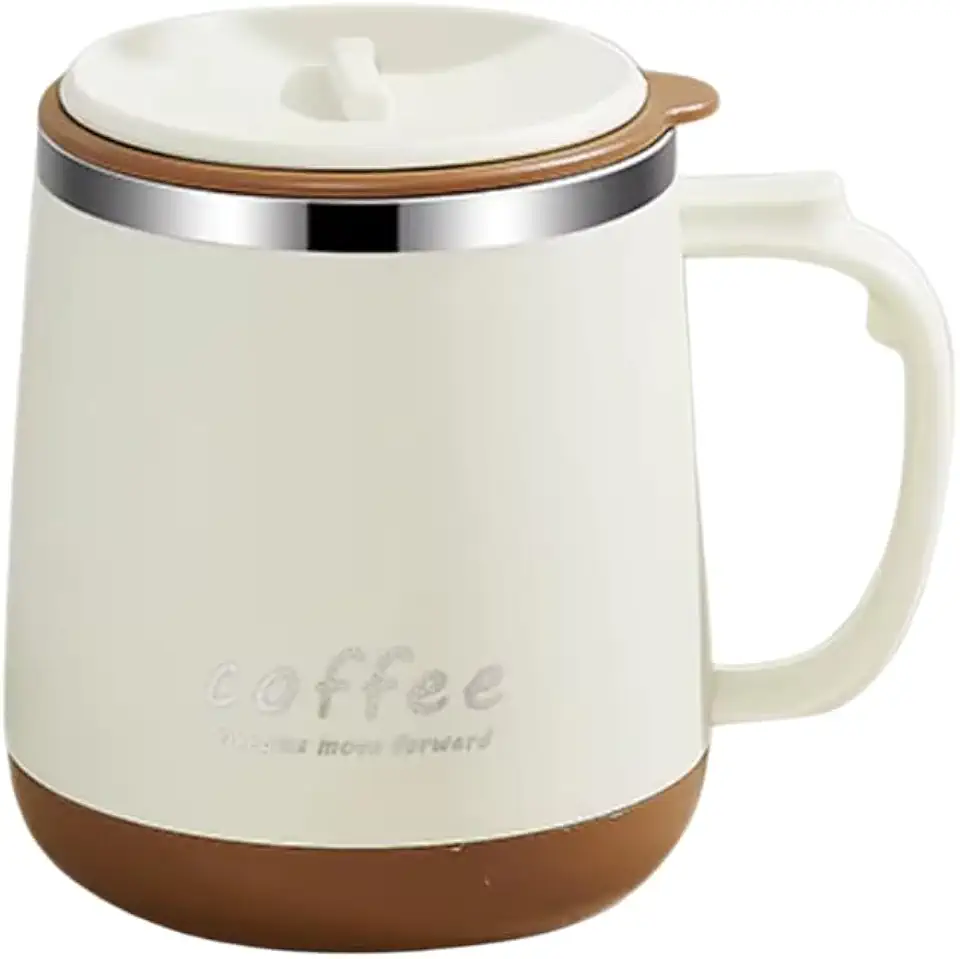 Caneca Térmica de Inox 304, Marrom, 450ml, com Tampa de Pressão, Abertura para Canudo e Compartimento na Base (Off white e Caramelo)