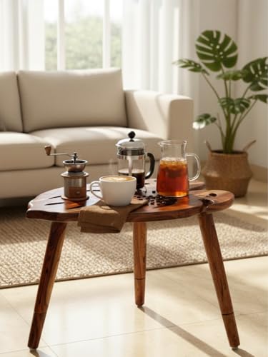 Image of Solid Sheesham Wood Leaf Shape Coffee Table | Modern Wooden Center Table for Living Room | Designer Tea Table | Small Side Table for Sofa Balcony Bedroom | Stylish Home Furniture | Natural Finish