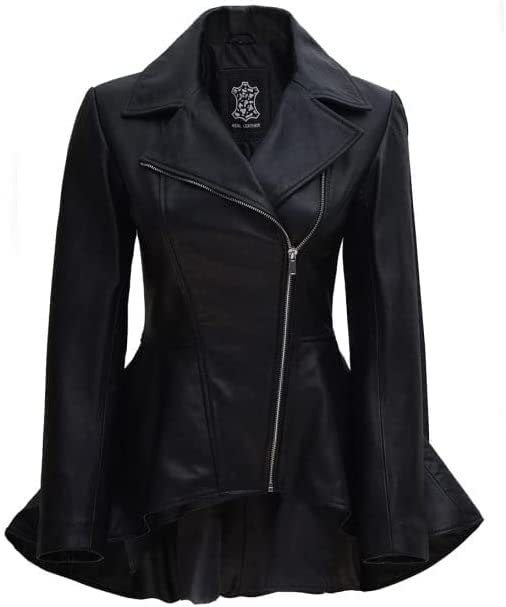 Womens Asymmetrical Peplum Black Leather Jacket
