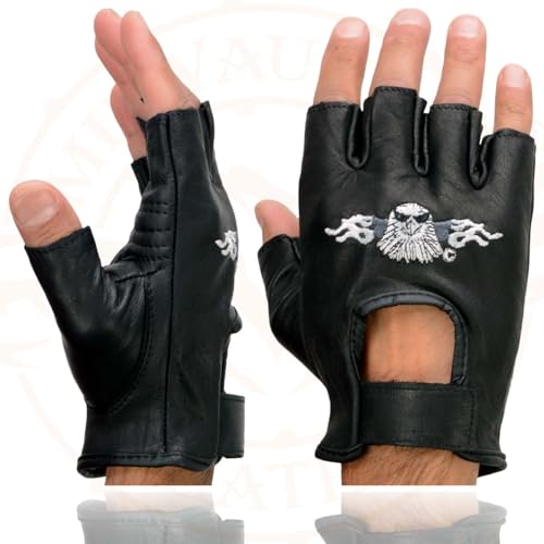 Image of Milwaukee Leather SH198 Men's Black Flame Embroidered Fingerless Gloves with Gel Palm | Padded Comfort; Vibration Relief; Flame Embroidery