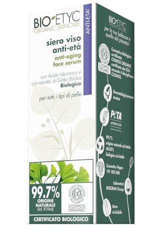 Bio-Etyc, Organic Skincare, Siero Viso Antirughe, con Acido Ialuronico e Ginko Biloba, Per Tutti i Tipi di Pelle, Effetto Rimpolpante e Liftante, Riduce l'Aspetto delle Rughe, 30ml