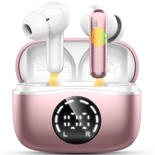 Wireless Earbuds, Bluetooth 5.4 Headphones with 4 ENC Noise Cancelling Microphone, Ear buds with HiFi Stereo Deep Bass, Bluetooth Earphones 48H Playtime LED Display, IP7 Waterproof, Rose Gold