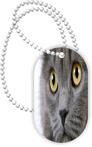 Island Gifting - Grey Cat Face Close-Up - Aluminum Dog Tag Necklace Pendant with Ball Chain