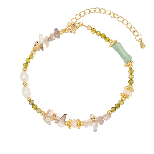 SIXFOX 14K Gold Plated Bracelet with Natural Stone & Freshwater Pearl Bracelets for Women, Good Luck Adjustable Bangle Boho Lightweight Jewelry Gifts for Anniversary Birthday