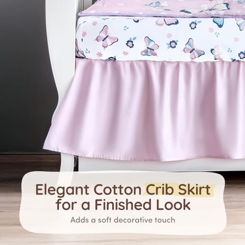 Image of Butterfly Baby Crib Bedding Set Girl 28 inchx52 inch, 8 inch Deep Pocket - 5 pcs Baby Bedding Set with Blanket, 2 Crib Sets for Girls Cotton Fitted Sheets, Skirt, and Butterfly Wall Sticker - White & Pink