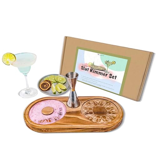 Margarita Salt Rimmer Set - Wood and Stainless Steel 3-in-1 Cocktail Glass Rimmer for Salt, Sugar, Lime – Fits Glasses up to 5.1 Inches – Complete Margarita Kit for Cocktails (1pack)