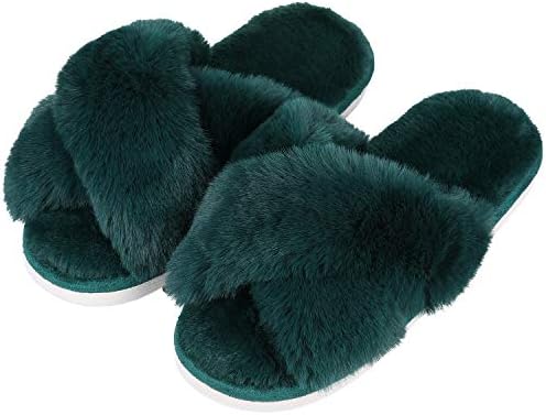Evshine Women's Fuzzy Slippers Cross Band Memory Foam House Slippers Open Toe, Green, 7-8