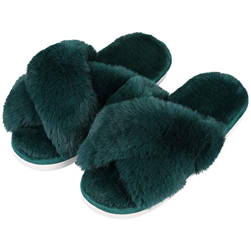Evshine Women's Fuzzy Slippers Cross Band Memory Foam House Slippers Open Toe, Green, 7-8 #TOP3