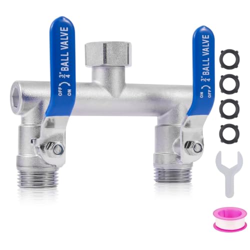 Image of 2 Way Garden Hose Splitter, Stainless Steel, Heavy Duty 304 Stainless Steel Full Flow T Valve with Long Handle, Lead-Free Rust & Freeze Resistant, 3 /4 inch GHT Thread Outdoor Water Hose Adapter