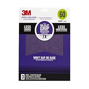 3M 25060P-G Pro Grade No-Slip Grip Advanced Sandpaper, 9-Inch x 11-Inch, 60 Grit, Pack of 3