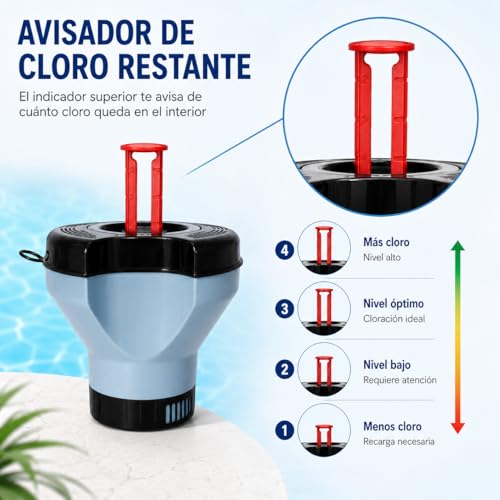 Miniatura 5 de Dpool Dosificador De Pastillas De Cloro Con Termómetro Integrado Y Avisador, Flotador Para Piscina Con Indicador De Temperatura Grande Pastillas De 200 Gramos