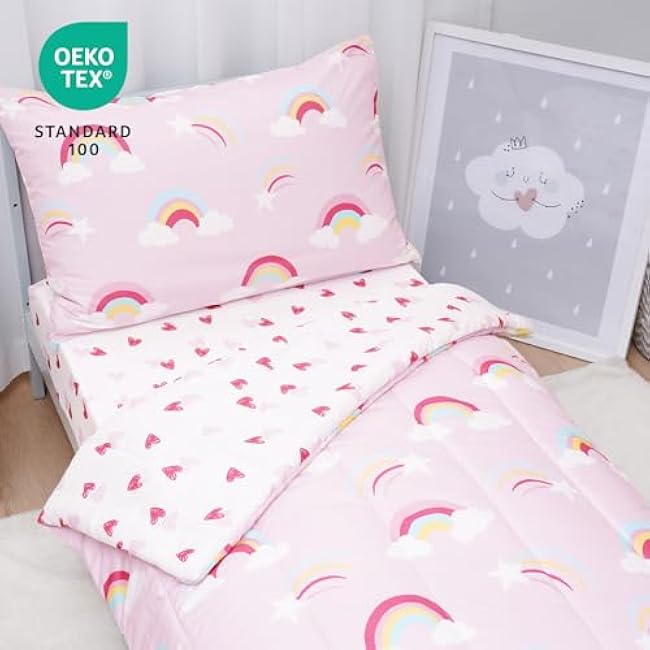 david's kids 4 Piece Toddler Bedding Set - Soft Breathable Toddler Bedding Set for Girls, Includes Quilted Comforter, Flat Sheet, Fitted Sheet and Pillowcase, Rainbow