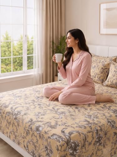 Image of Mafatlal 130 GSM Pearl Premium Double Bedsheet Set with 2 Pillow Covers | 90 x 100 Inch | Cozy Microfiber Weave | Shrink Resistant, Durable, Breathable, Modern Bedroom Essential | Beige Floral
