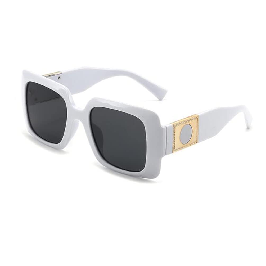 Womens UV Anti-UV Sunglasses with Metal Hinged Square Big Frame Sunglasses White Frame Black Gray Flakes