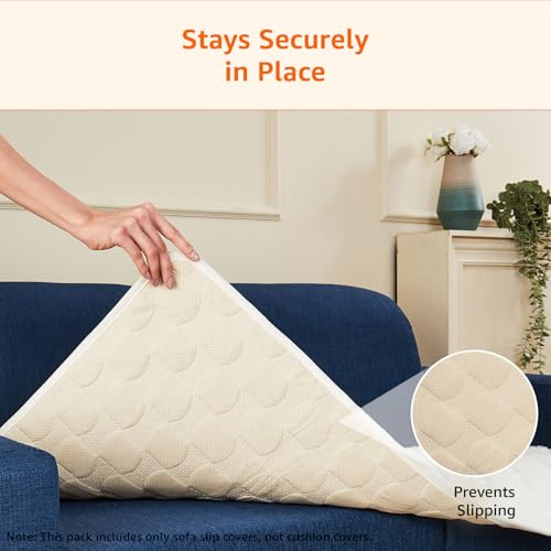 Image of Amazon Basics Quilted Sofa Cover for Two Seater, Playful Polka Dots, Non-Slip Sofa Pad, 70x120 cm, Soft Silicone Grip Dots, 100% Polyester, Machine Washable - Off-White