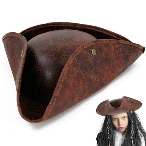 Vobumix - Chapéu de pirata, para adulto, tricórnio, chapéu de pirata, chapéu de tricórnio de pele, cor castanho, acessório medieval para fantasia de festa temática de Halloween