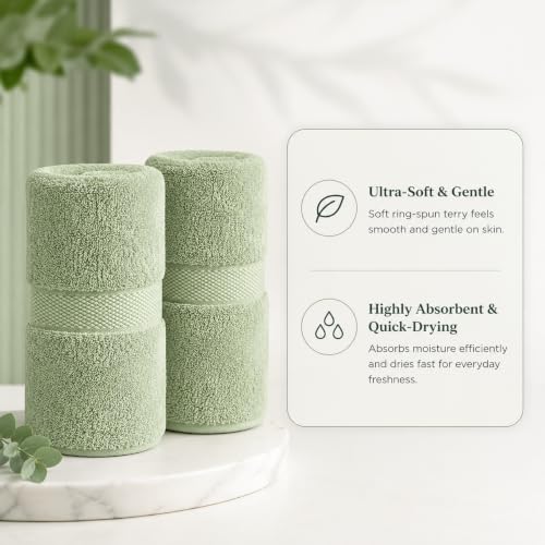 Image of Sulfar 100% Combed Cotton, Quick Drying Highly Absorbent, Luxury Hand Towel Set (Pack of 2, 40 X 70 cm) Nature Green