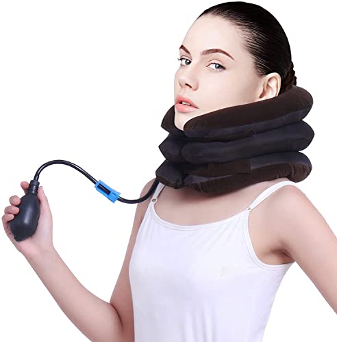 DClub Inflatable Neck Brace Pillow Cervical Neck Traction Device Adjustable Neck Stretcher,Ideal for Spine Alignment and Chronic Neck Pain Relief. (BROWN)