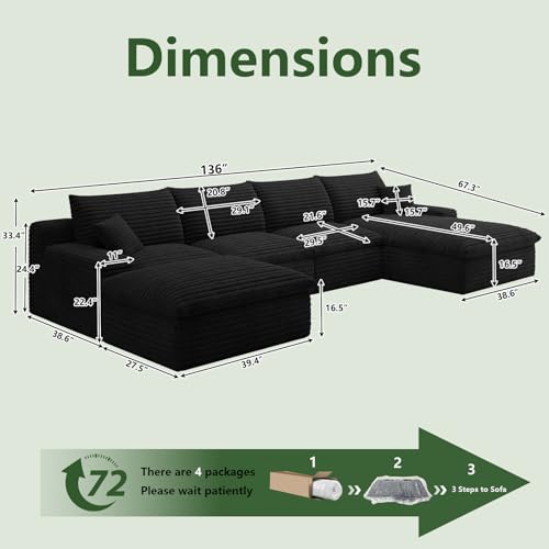 Image of 136 inch Cloud Couch Modular Sectional Sofa for Living Room, U-Shape Boneless Couch with Deep Seat, Modern Corduroy 4-Seater with Ottoman, No Assembly Required (Black,Right-Facing Chaise)